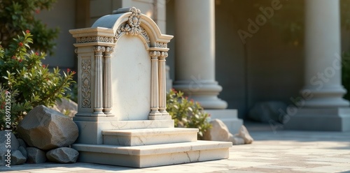 Elegant marble headstone, ornate details, sunlit , stone, polished
