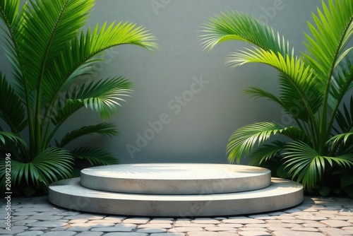 Elegant stone podium nestled amongst lush green palm leaves on cobble base, palm, organic