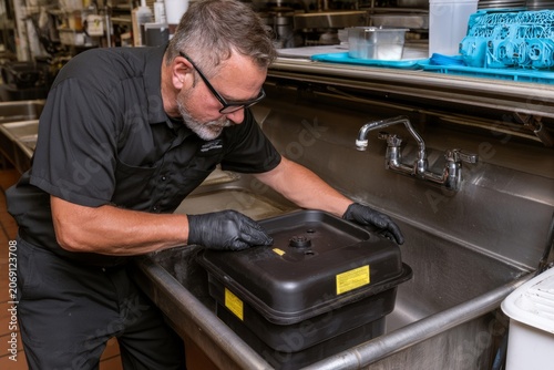Technician inspecting grease interceptor in commercial kitchen sink