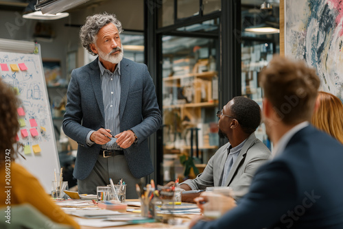 Leadership in Action: A seasoned business leader, with a distinguished grey beard, addresses his team in a modern, collaborative office space, outlining strategies on a whiteboard.