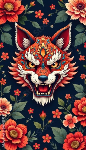 Intricate kitsune mask design, repeating vector pattern Vivid Japanese style for fabric , fox, illustration