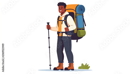 Man with hiking backpack and trekking poles.