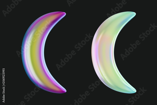 Iridescent metallic crescent moon vector shapes with vibrant chrome gradient reflection. Futuristic modern concept art.