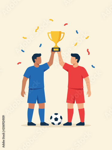 Two Football Players Lifting A Golden Trophy Cup Together Championship Victory Celebration Vector Design