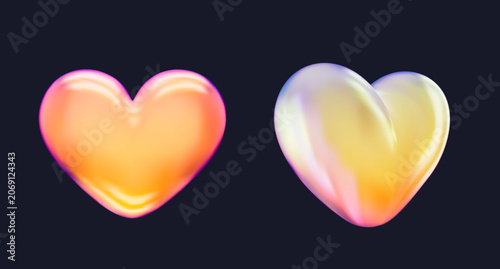 Vibrant orange and pastel yellow holographic metallic hearts with glossy glass texture. Futuristic modern concept art.