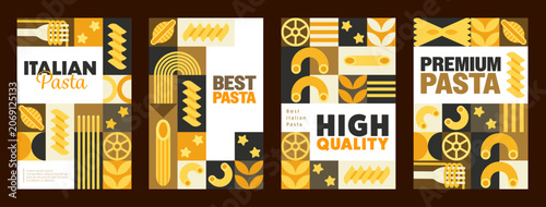 Tableau sur toile Italian pasta and noodle posters with modern geometric pattern for food background
