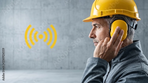Construction worker wearing safety helmet and hearing protection adjusting earmuffs against a concrete background with a yellow wireless signal icon