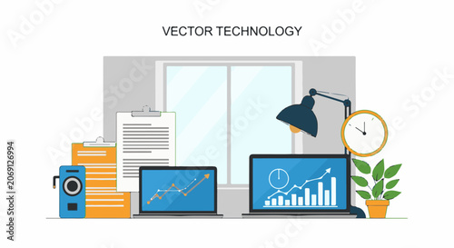 Vector graphic illustration of workspace with laptops, documents, camera, and office supplies on a desk near a window