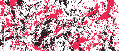 Vibrant pink and black paint splatters on a white textured background with abstract composition