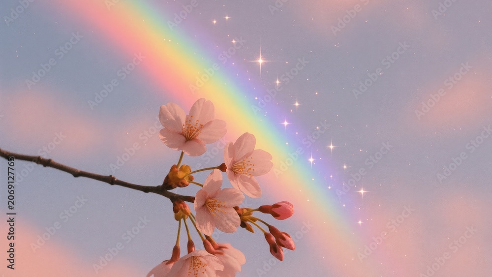 Fototapeta premium Cherry blossoms under magical rainbow desktop wallpaper