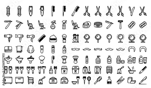 Tableau sur toile Barbershop and Hairstylist Icons Collection with Salon Tools and Grooming Symbol