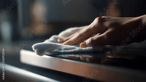 Hand wiping dark reflective kitchen surface with white cloth