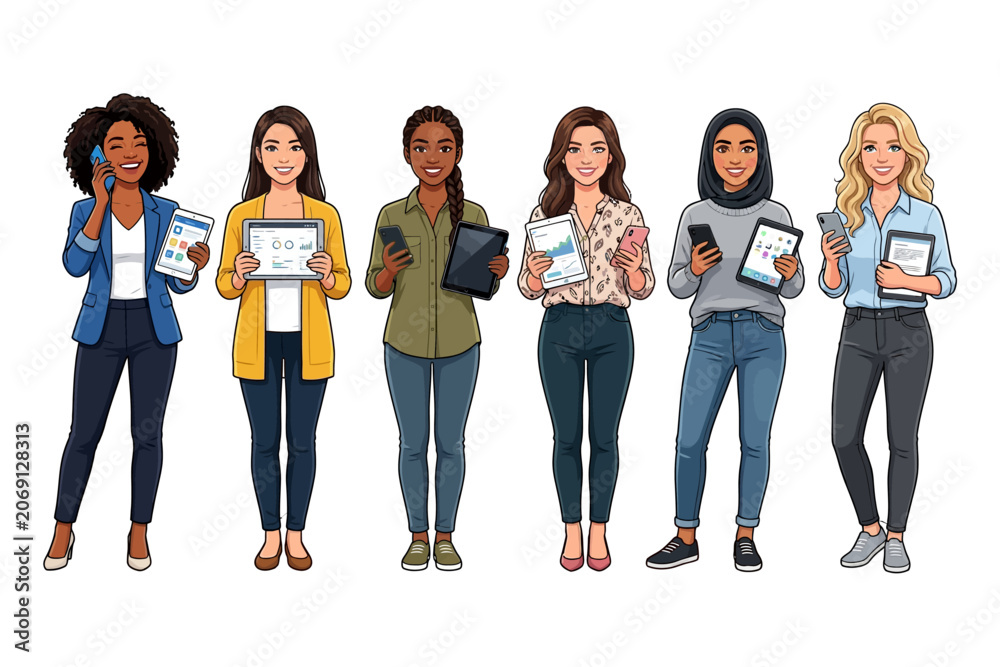 Fototapeta premium Diverse group of women holding electronic devices and tablets.