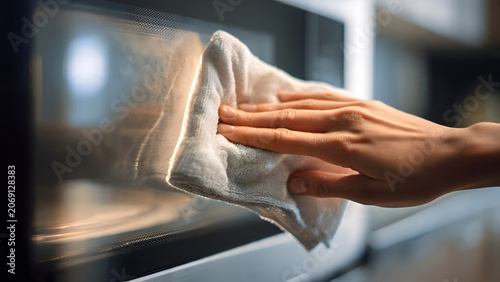 Hand Cleaning Microwave Glass Door With White Microfiber Cloth