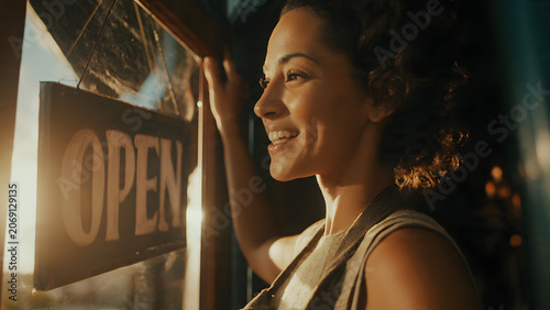 Smiling Female Small Business Owner with Open Sign at Golden Hour