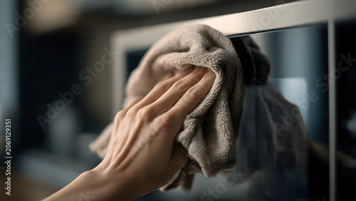 Hand wiping a glass appliance surface with a microfiber cloth