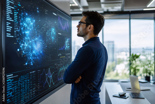 Software engineer analyzing complex artificial intelligence data visualization on large monitor