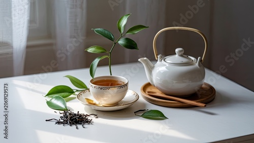 Ceramic teapot and cup of tea with fresh leaves and dry tea leaves natural light and minimalist composition for a relaxing beverage moment