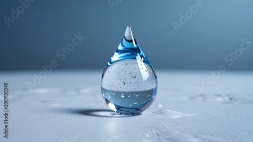 Close-up of a clear water drop with blue liquid inside reflecting light and showing small bubbles isolated on a textured surface with water splashes