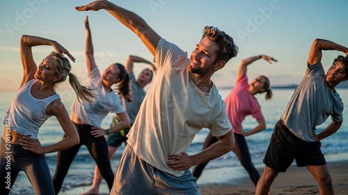 Group of diverse people stretching on a beach at sunrise practicing yoga and fitness for a healthy lifestyle with ocean waves in the background