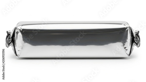 A shiny silver foil wrapped rectangular object with handles on each end.