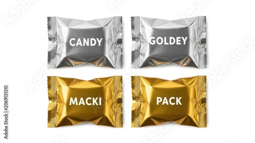 Four candy wrappers with the words candy, goldey, macki, and pack on them