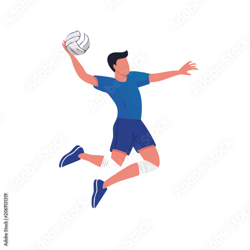Volleyball player jumping with ball, flat vector illustration