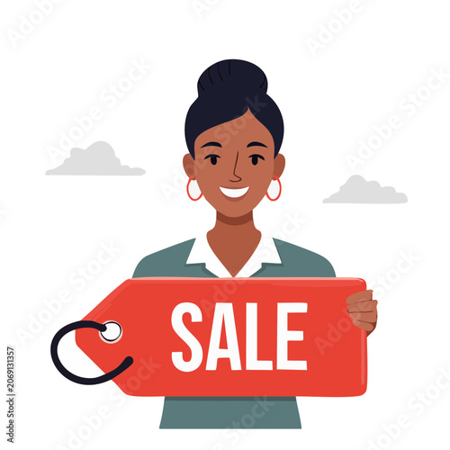 Woman holding red sale tag illustration