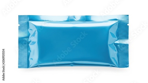 A close-up view of a sealed blue packet with a shiny surface and two tabs