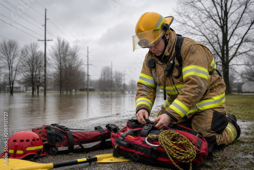 Firefighter kneels beside floodwaters to organize rescue equipment and supplies for a water-based emergency response mission.