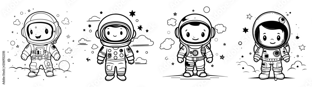 Fototapeta premium Astronaut Coloring Pages Set for Kids - Cute Space Explorer Line Art