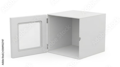 A white open-faced cabinet with a square cutout on the door