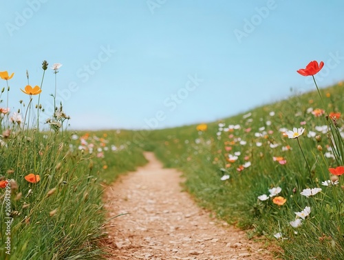Breezy countryside trail lined with wildflowers, clear blue sky above