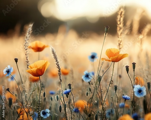 Breezy field with orange poppies, blue cornflowers, and sunlit grasses