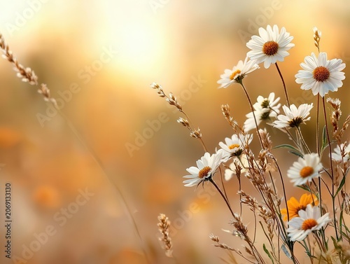 Summer prairie blooming with wildflowers, warm breeze sweeping the land
