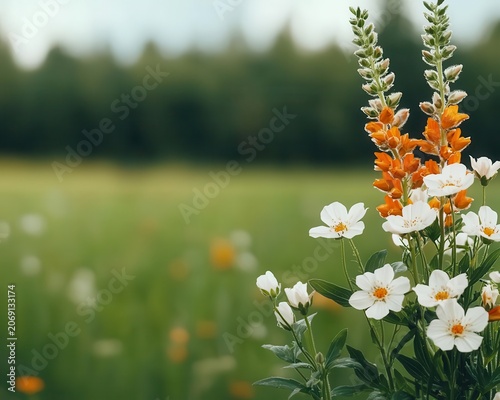 Meadow of wildflowers glowing in breeze, summer light creating soft motion