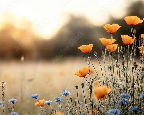 Breezy field with orange poppies, blue cornflowers, and sunlit grasses