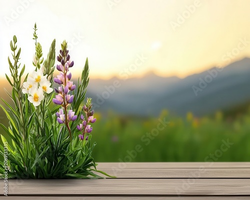 Breezy highland meadow with wildflowers, glowing in soft mountain sunlight