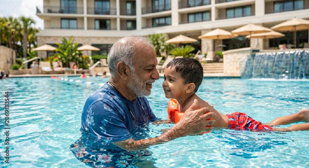 Fototapeta premium Senior Grandfather Teaching Grandson How to Float in Pool