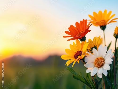 Breezy summer sunrise over wildflower fields, petals sparkling with dew