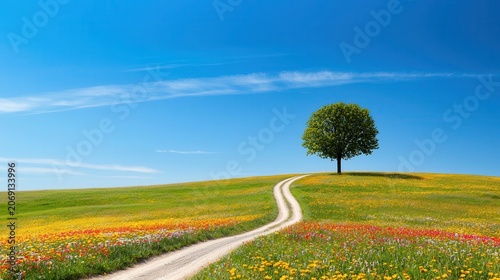 Breezy path winding through blooming summer wildflower fields