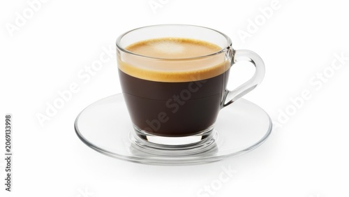 A glass of freshly brewed espresso with a rich crema on top.