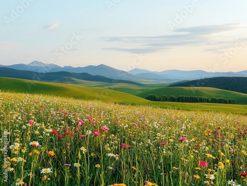 Warm sunlight and breezy wildflower hills rolling toward distant mountains