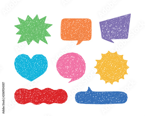 Photography Set of 8 colorful hand-drawn speech bubbles and frames with crayon texture on a white background