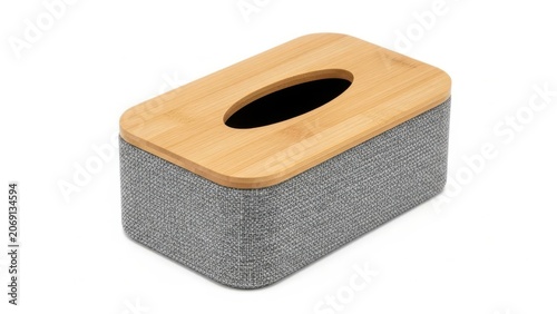 Modern tissue box with a wooden top and a speckled base