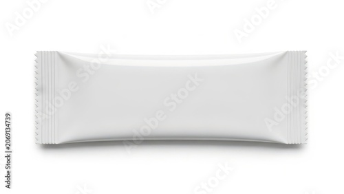 A single, sealed, white, rectangular, foil packet on a white background