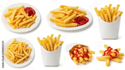 A variety of french fries with different condiments and presentation styles
