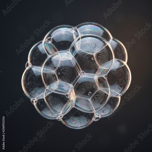 Macro shot of a cluster of soap bubbles against a dark background