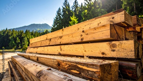 Rough hewn wooden planks and logs of diverse lengths and widths piled haphazardly outdoors near a forest and mountains