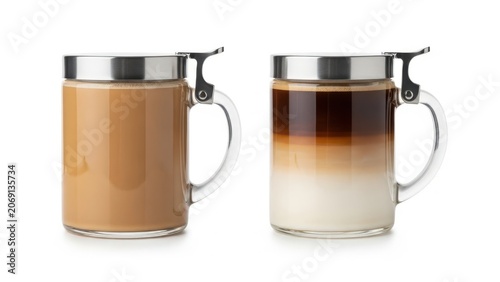 Two mugs of layered coffee drinks with different color gradients on a white background.